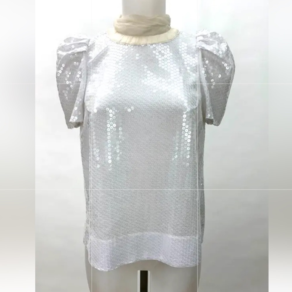 Peter Som Sequin Tulle Pleated Short Sleeve Top Size 6 White